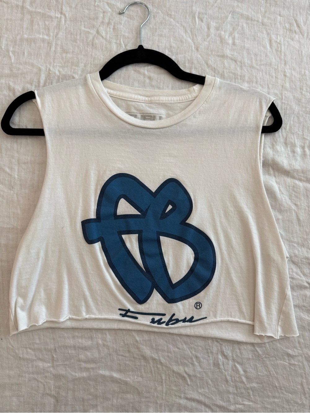 FUBU White Cropped Tank with Blue Graphic Logo